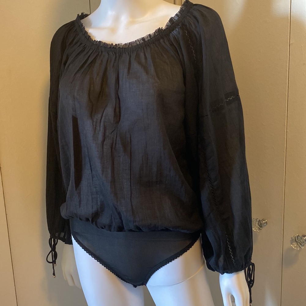 Free People Intimates Bodysuit Black Off Shoulder Long Puff Sleeve Shirt XS NWT - Picture 1 of 14